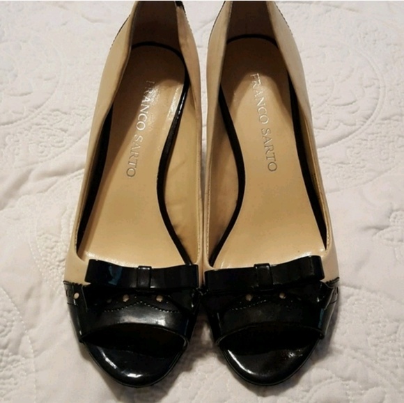 Franco Sarto-Leather Peep‎ Toe Black & Cream Heels - Picture 5 of 7